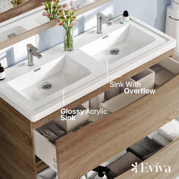 Smile 48"W x 19"D White Oak Double Sink Bathroom Vanity with White Acrylic Countertop and Integrated Sinks EVVN12-DS-48WHOK-FS