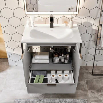 Moma 32"W x 18"D Gray Wall Mount Bathroom Vanity with White Solid Surface Countertop and Integrated Sink EVVN120-32GR