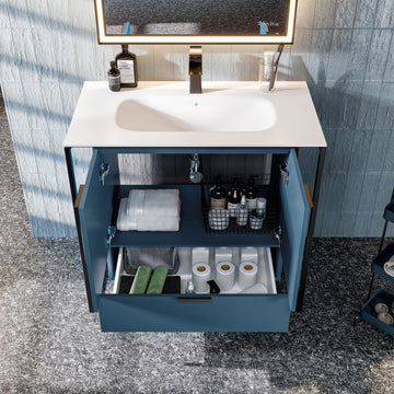 Moma 32"W x 18"D Blue Wall Mount Bathroom Vanity with White Solid Surface Countertop and Integrated Sink EVVN120-32BLU