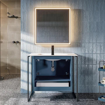 Moma 32"W x 18"D Blue Wall Mount Bathroom Vanity with White Solid Surface Countertop and Integrated Sink EVVN120-32BLU