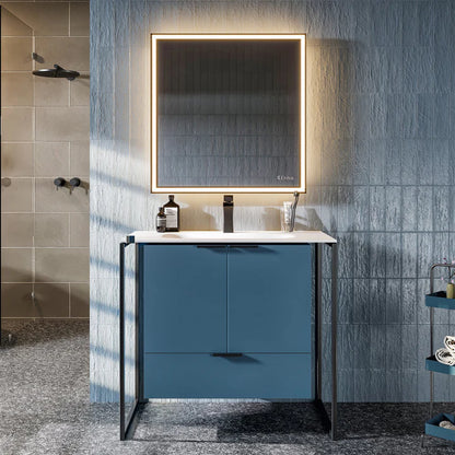 Moma 32"W x 18"D Blue Wall Mount Bathroom Vanity with White Solid Surface Countertop and Integrated Sink EVVN120-32BLU