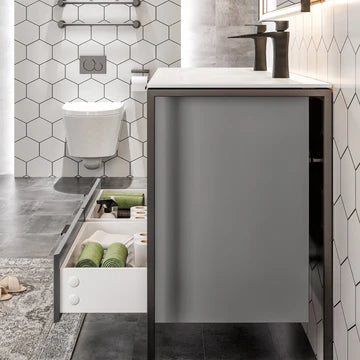 Moma 48"W x 18"D Gray Wall Mount Double Sink Bathroom Vanity with White Solid Surface Countertop and Integrated Sinks EVVN120-48GR-DS