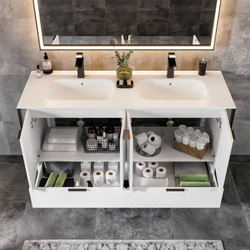 Moma 48"W x 18"D White Wall Mount Double Sink Bathroom Vanity with White Solid Surface Countertop and Integrated Sinks EVVN120-48WH-DS