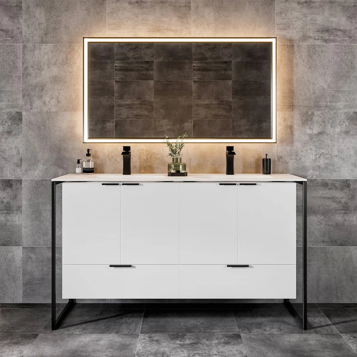 Moma 48"W x 18"D White Wall Mount Double Sink Bathroom Vanity with White Solid Surface Countertop and Integrated Sinks EVVN120-48WH-DS