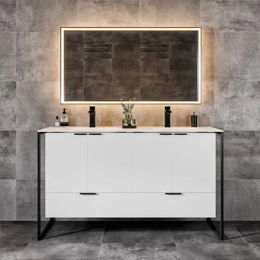 Moma 48"W x 18"D White Wall Mount Double Sink Bathroom Vanity with White Solid Surface Countertop and Integrated Sinks EVVN120-48WH-DS