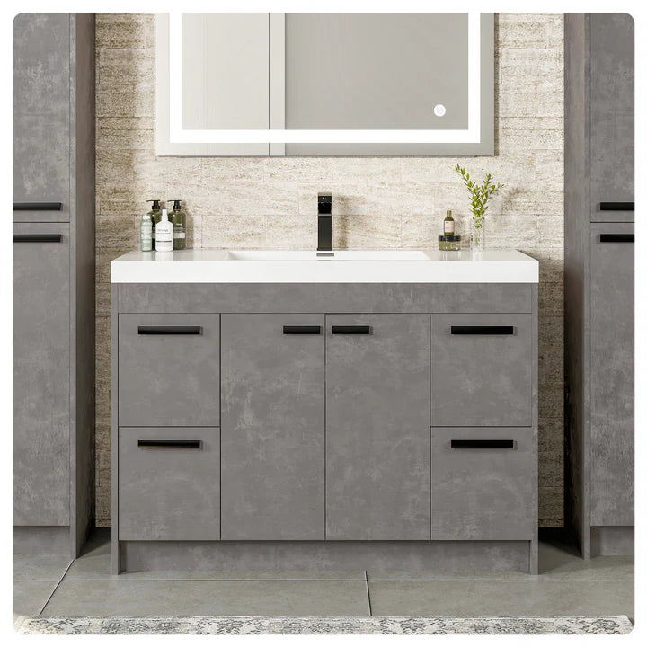 Lugano 48"W x 20"D Cement Gray Bathroom Vanity with White Acrylic Countertop and Integrated Sink EVVN1200-8-48CGR