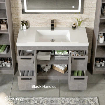 Lugano 48"W x 20"D Cement Gray Bathroom Vanity with White Acrylic Countertop and Integrated Sink EVVN1200-8-48CGR