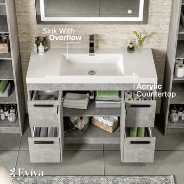 Lugano 42"W x 20"D Concrete Gray Bathroom Vanity with White Acrylic Countertop and Integrated Sink EVVN1000-8-42CGR