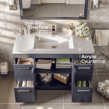 Lugano 42"W x 20"D Gray Bathroom Vanity with White Acrylic Countertop and Integrated Sink EVVN1000-8-42GR