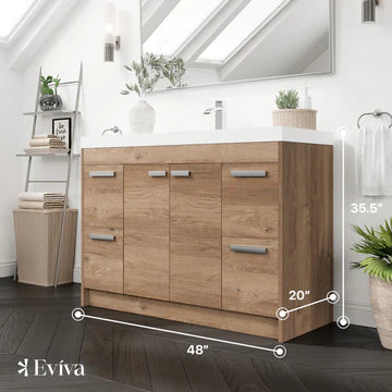 Lugano 48"W x 20"D Natural Oak Bathroom Vanity with White Acrylic Countertop and Integrated Sink EVVN1200-8-48NOK