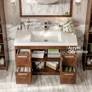 Lugano 48"W x 20"D Rosewood Bathroom Vanity with White Acrylic Countertop and Integrated Sink EVVN1200-8-48RSWD