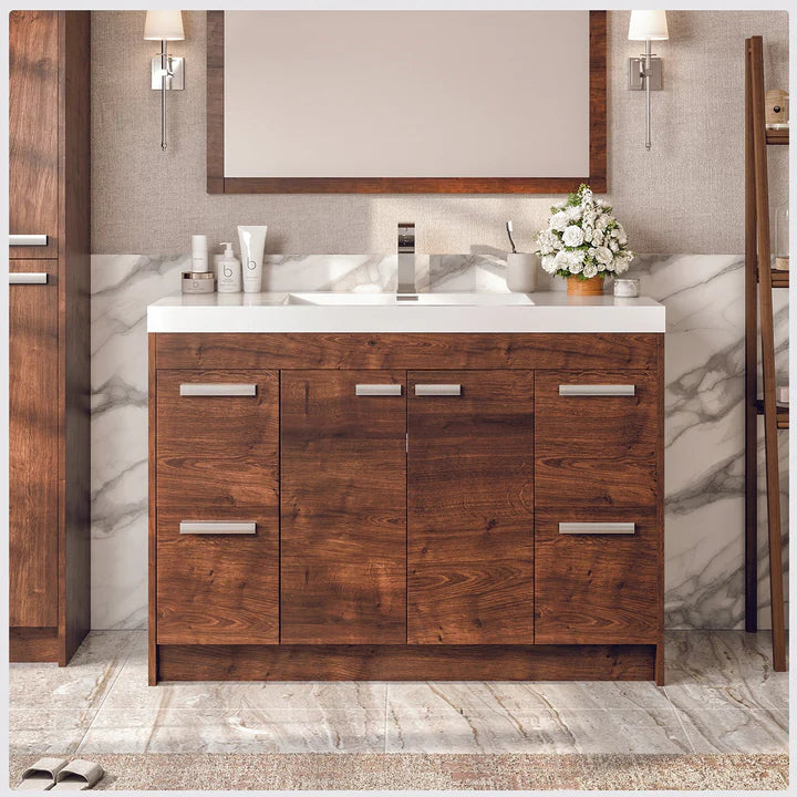 Lugano 48"W x 20"D Rosewood Bathroom Vanity with White Acrylic Countertop and Integrated Sink EVVN1200-8-48RSWD