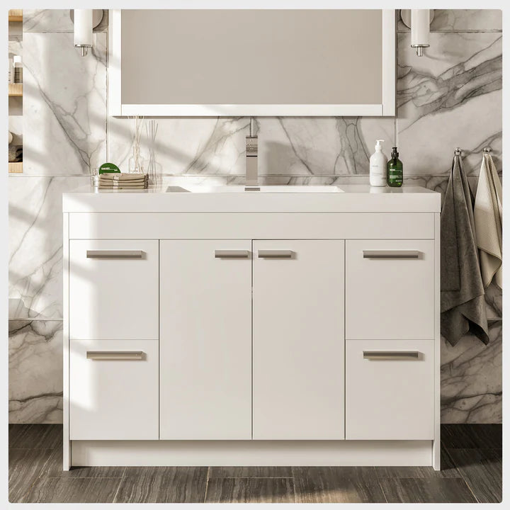 Lugano 48"W x 20"D White Bathroom Vanity with White Acrylic Countertop and Integrated Sink EVVN1200-8-48WH