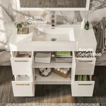 Lugano 42"W x 20"D White Bathroom Vanity with White Acrylic Countertop and Integrated Sink EVVN1000-8-42WH