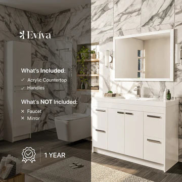 Lugano 48"W x 20"D White Bathroom Vanity with White Acrylic Countertop and Integrated Sink EVVN1200-8-48WH