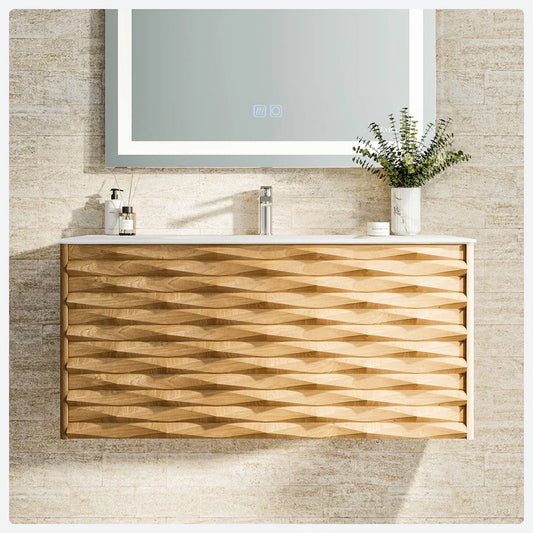 Oahu 32"W x 20"D Oak Wall Mount Bathroom Vanity with White Solid Surface Countertop and Integrated Sink EVVN126-32OAK