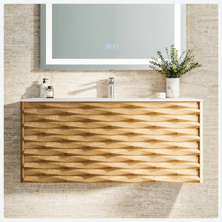 Oahu 44"W x 20"D Oak Wall Mount Bathroom Vanity with White Solid Surface Countertop and Integrated Sink EVVN126-44OAK