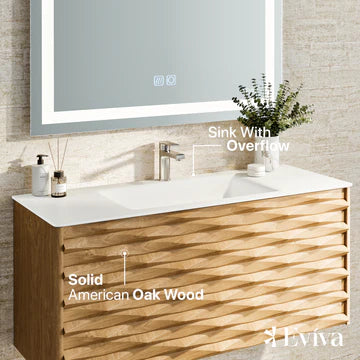 Oahu 44"W x 20"D Oak Wall Mount Bathroom Vanity with White Solid Surface Countertop and Integrated Sink EVVN126-44OAK