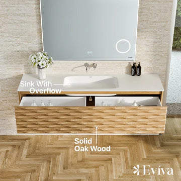 Oahu 55"W x 20"D Oak Wall Mount Bathroom Vanity with White Solid Surface Countertop and Integrated Sink EVVN126-55OAK-W