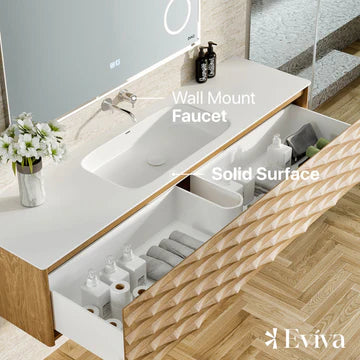 Oahu 55"W x 20"D Oak Wall Mount Bathroom Vanity with White Solid Surface Countertop and Integrated Sink EVVN126-55OAK-W