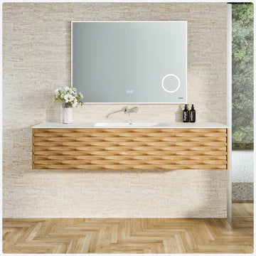 Oahu 55"W x 20"D Oak Wall Mount Bathroom Vanity with White Solid Surface Countertop and Integrated Sink EVVN126-55OAK-W