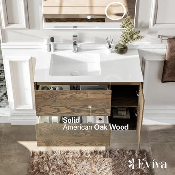 Ciocco 36"W x 20"D Oak Wall Mount Bathroom Vanity with White Solid Surface Countertop and Integrated Sink EVVN127-35WN