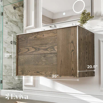 Ciocco 36"W x 20"D Oak Wall Mount Bathroom Vanity with White Solid Surface Countertop and Integrated Sink EVVN127-35WN