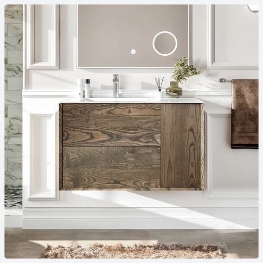 Ciocco 36"W x 20"D Oak Wall Mount Bathroom Vanity with White Solid Surface Countertop and Integrated Sink EVVN127-35WN