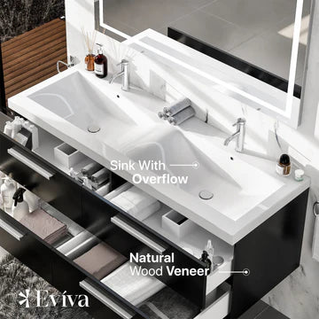 Surf 57"W x 20"D Blackwood Wall Mount Double Sink Bathroom Vanity with White Acrylic Countertop and Integrated Sinks EVVN144-57BW