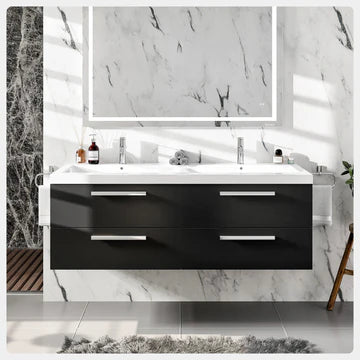 Surf 57"W x 20"D Blackwood Wall Mount Double Sink Bathroom Vanity with White Acrylic Countertop and Integrated Sinks EVVN144-57BW