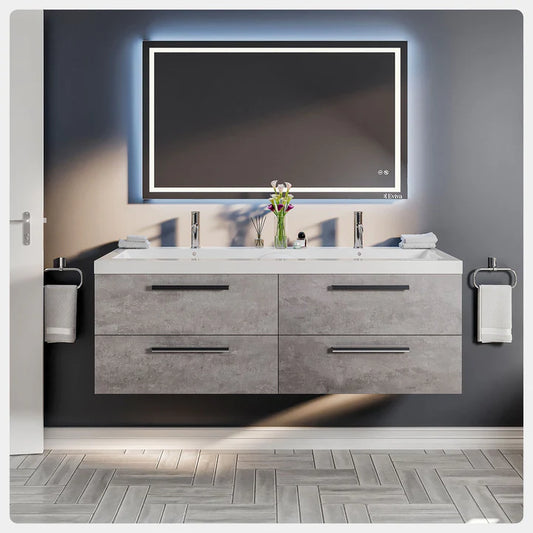 Surf 57"W x 20"D Cement Gray Wall Mount Double Sink Bathroom Vanity with White Acrylic Countertop and Integrated Sinks EVVN144-57CGR