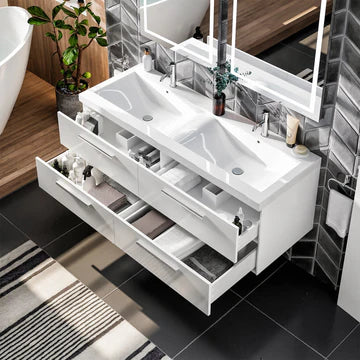 Surf 57"W x 20"D White Wall Mount Double Sink Bathroom Vanity with White Acrylic Countertop and Integrated Sinks EVVN144-57WH