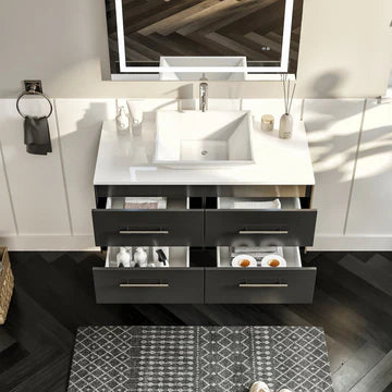 Wave 36"W x 22"D Espresso Wall Mount Bathroom Vanity with White Quartz Countertop and Vessel Porcelain Sink EVVN147-36ES