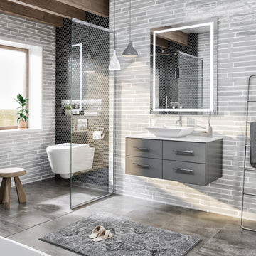 Wave 36"W x 22"D Gray Wall Mount Bathroom Vanity with White Quartz Countertop and Vessel Porcelain Sink EVVN147-36GR