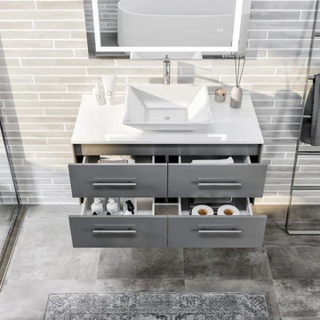 Wave 36"W x 22"D Gray Wall Mount Bathroom Vanity with White Quartz Countertop and Vessel Porcelain Sink EVVN147-36GR