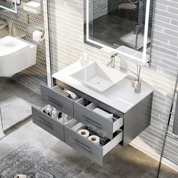 Wave 36"W x 22"D Gray Wall Mount Bathroom Vanity with White Quartz Countertop and Vessel Porcelain Sink EVVN147-36GR