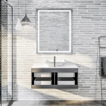 Wave 36"W x 22"D Gray Wall Mount Bathroom Vanity with White Quartz Countertop and Vessel Porcelain Sink EVVN147-36GR