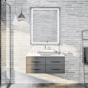 Wave 36"W x 22"D Gray Wall Mount Bathroom Vanity with White Quartz Countertop and Vessel Porcelain Sink EVVN147-36GR