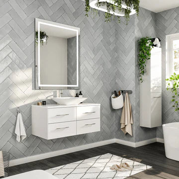 Wave 36"W x 22"D White Wall Mount Bathroom Vanity with White Quartz Countertop and Vessel Porcelain Sink EVVN147-36WH