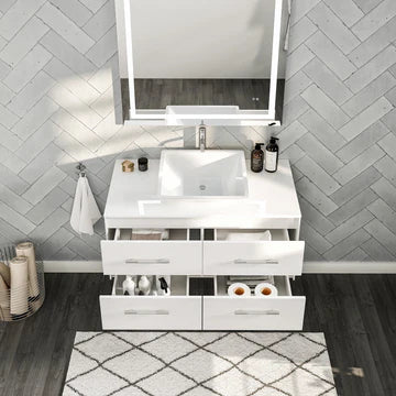 Wave 36"W x 22"D White Wall Mount Bathroom Vanity with White Quartz Countertop and Vessel Porcelain Sink EVVN147-36WH