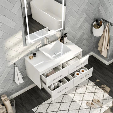 Wave 36"W x 22"D White Wall Mount Bathroom Vanity with White Quartz Countertop and Vessel Porcelain Sink EVVN147-36WH