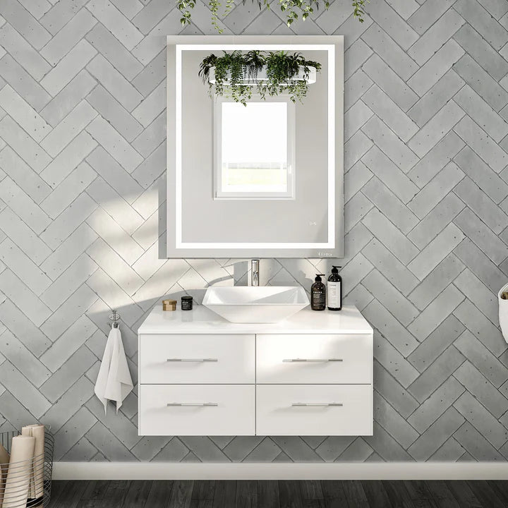 Wave 36"W x 22"D White Wall Mount Bathroom Vanity with White Quartz Countertop and Vessel Porcelain Sink EVVN147-36WH