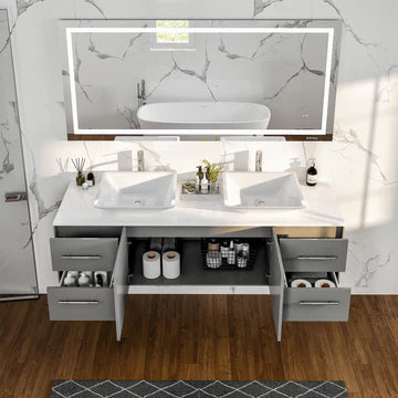 Wave 72"W x 22"D Gray Wall Mount Double Sink Bathroom Vanity with White Quartz Countertop and Vessel Porcelain Sinks EVVN147-72GR