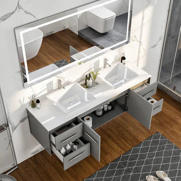 Wave 72"W x 22"D Gray Wall Mount Double Sink Bathroom Vanity with White Quartz Countertop and Vessel Porcelain Sinks EVVN147-72GR