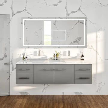 Wave 72"W x 22"D Gray Wall Mount Double Sink Bathroom Vanity with White Quartz Countertop and Vessel Porcelain Sinks EVVN147-72GR