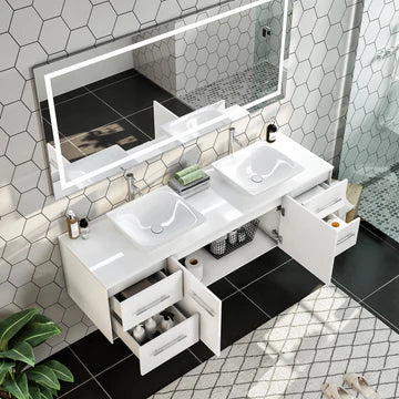 Wave 72"W x 22"D White Wall Mount Double Sink Bathroom Vanity with White Quartz Countertop and Vessel Porcelain Sinks EVVN147-72WH