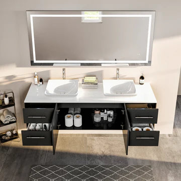 Wave 60"W x 22"D Espresso Wall Mount Double Sink Bathroom Vanity with White Quartz Countertop and Vessel Porcelain Sinks EVVN147-60ES