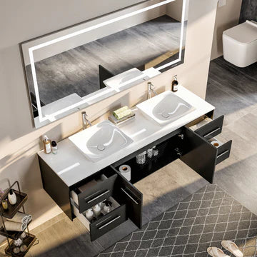 Wave 60"W x 22"D Espresso Wall Mount Double Sink Bathroom Vanity with White Quartz Countertop and Vessel Porcelain Sinks EVVN147-60ES