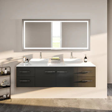 Wave 60"W x 22"D Espresso Wall Mount Double Sink Bathroom Vanity with White Quartz Countertop and Vessel Porcelain Sinks EVVN147-60ES