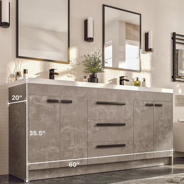 Lugano 60"W x 20"D Concrete Gray Double Sink Bathroom Vanity with White Acrylic Countertop and Integrated Sinks EVVN1500-8-60CGR